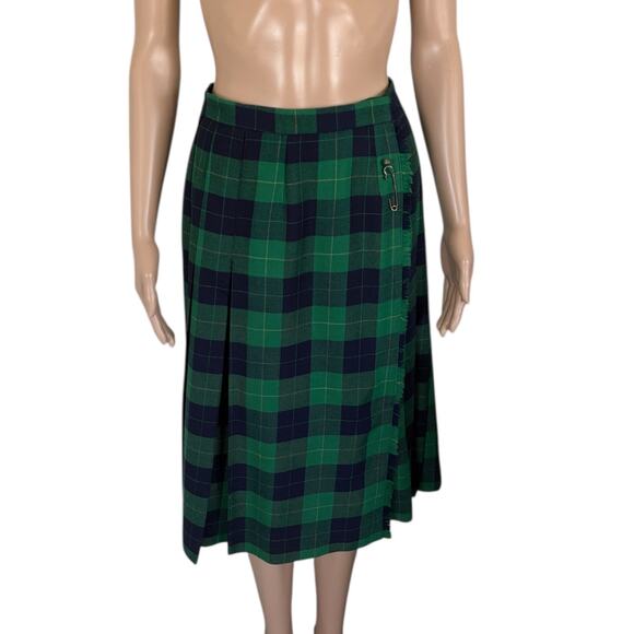 VTG Wool Tartan Kilt Skirt Plaid Wrap Midi Preppy Dark Academia Green Navy 10 - Picture 2 of 10
